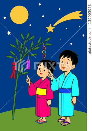 一幅描繪身穿浴衣的兒童和七夕裝飾的可愛插圖。 一幅描繪身穿浴衣的兒童和七夕裝飾的可愛插圖。 139905938