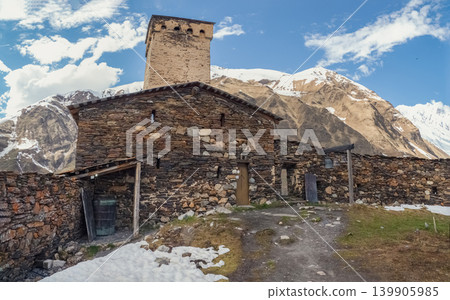 Panoramic view of the courtyard of the Lamaria of Ushguli, Svaneti, Georgia. Panoramic view of the courtyard of the Lamaria of Ushguli, Svaneti, Georgia. 139905985