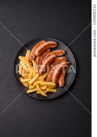 Grilled or barbecued chicken sausages for the dinner table. Grilled sausages 139906310