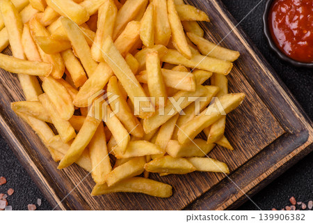 Crispy, fresh, golden French fries with salt, unhealthy takeaway food. French fries Crispy, fresh, golden French fries with salt, unhealthy takeaway food. French fries 139906382