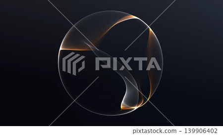 Gold and white wireframe energy sphere with glowing wave ribbons on dark background, futuristic digital structure for tech visuals and luxury design projects. Gold and white wireframe energy sphere with glowing wave ribbons on dark background, futuristic digital structure for tech visuals and luxury design projects. 139906402