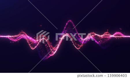 Pink particle waveform with glowing digital dots on dark background, abstract sound wave for music visuals, technology design, VJ screens and data motion. Pink particle waveform with glowing digital dots on dark background, abstract sound wave for music visuals, technology design, VJ screens and data motion. 139906403