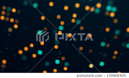 Soft bokeh particles with orange and teal glowing lights on dark halftone background, abstract festive tech design for events, music visuals and overlays. Soft bokeh particles with orange and teal glowing lights on dark halftone background, abstract festive tech design for events, music visuals and overlays. 139906405