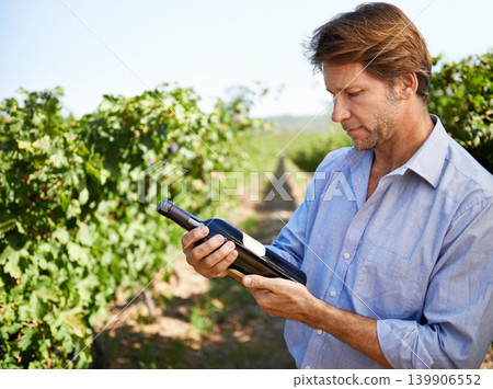 Man, farmer and vineyard with bottle of wine for quality control, agriculture and sustainable winery. Vintage, red drink and nature in New Zealand, grape fields and small business for organic alcohol Man, farmer and vineyard with bottle of wine for quality control, agriculture and sustainable winery. Vintage, red drink and nature in New Zealand, grape fields and small business for organic alcohol 139906552