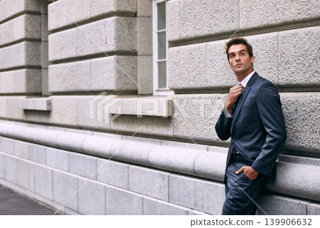 Travel, business and man thinking in a city street for meeting, appointment or job opportunity. Idea, planning and male lawyer in New York for law firm startup, vision or brainstorming while waiting Travel, business and man thinking in a city street for meeting, appointment or job opportunity. Idea, planning and male lawyer in New York for law firm startup, vision or brainstorming while waiting 139906632