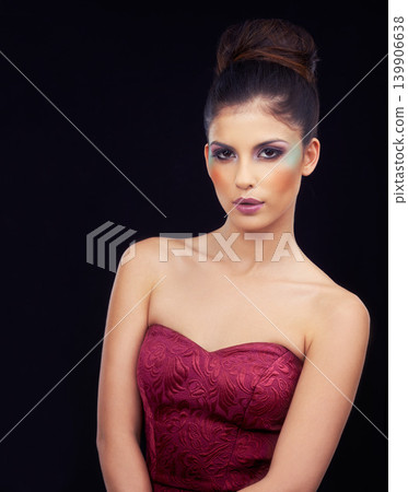 Fashion, makeup and portrait of woman in studio with dress for elegant, trendy and classy outfit for beauty. Cosmetics, confident and beautiful female model with fancy style by gray background. Fashion, makeup and portrait of woman in studio with dress for elegant, trendy and classy outfit for beauty. Cosmetics, confident and beautiful female model with fancy style by gray background. 139906638