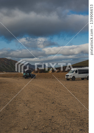 Vehicles Parked on Rugged Terrain Near Studlagil Canyon, Iceland Vehicles Parked on Rugged Terrain Near Studlagil Canyon, Iceland 139906653