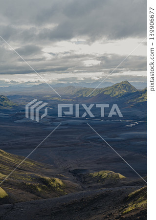 Volcanic Landscape with River and Moss in Iceland's Rugged Terrain 139906677