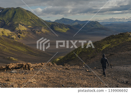Visitor Walks Along Rocky Trail in Remote Icelandic Valley Visitor Walks Along Rocky Trail in Remote Icelandic Valley 139906692