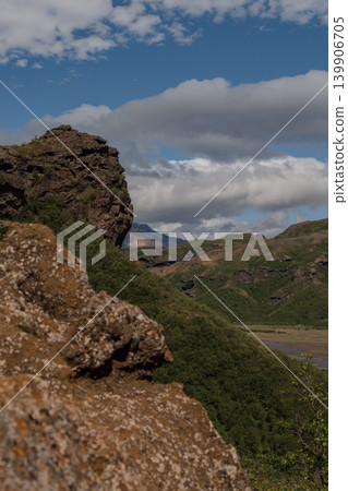 Rugged Landscape with Basalt Rocks and Snow Capped Mountain in Iceland Rugged Landscape with Basalt Rocks and Snow Capped Mountain in Iceland 139906705