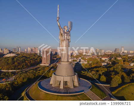 Motherland Monument with Ukrainian Coat of Arms in Kyiv, Ukraine Motherland Monument with Ukrainian Coat of Arms in Kyiv, Ukraine 139906721