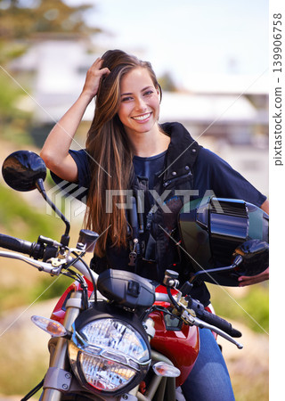 Portrait, helmet and outdoor with woman, motorbike and extreme sports with adventure and safety. Face, person or girl with transport and travel with road trip and journey with rider, joyful and happy Portrait, helmet and outdoor with woman, motorbike and extreme sports with adventure and safety. Face, person or girl with transport and travel with road trip and journey with rider, joyful and happy 139906758