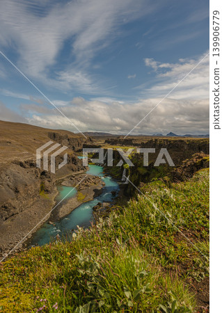 Icelandic Canyon with Turquoise River and Small Waterfall Icelandic Canyon with Turquoise River and Small Waterfall 139906779