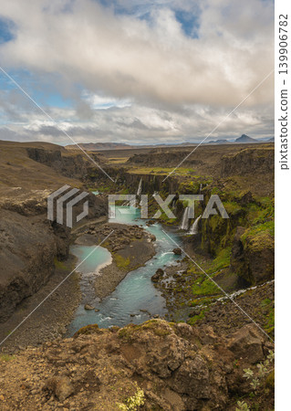 Icelandic Canyon with Turquoise River and Moss Covered Waterfalls 139906782