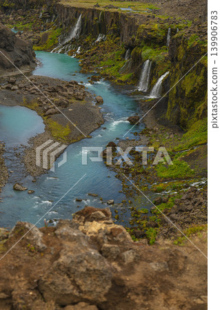 Icelandic Canyon with Turquoise River and Moss Covered Cliffs 139906783