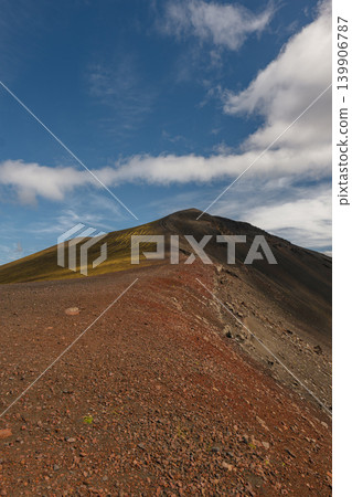 Rugged Volcanic Ridge with Moss in Iceland Under Blue Sky 139906787