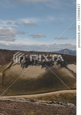 Volcanic Crater with Dirt Road and Distant Mountains in Iceland Volcanic Crater with Dirt Road and Distant Mountains in Iceland 139906817