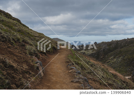 Dirt Hiking Trail Through Moss Covered Landscape in Iceland Dirt Hiking Trail Through Moss Covered Landscape in Iceland 139906840