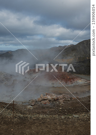 Geothermal Area with Steaming Vents and Sulfur Stained Rocks in Iceland Geothermal Area with Steaming Vents and Sulfur Stained Rocks in Iceland 139906854
