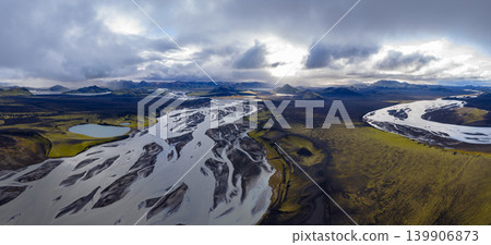 Aerial View of Iceland's Braided Rivers and Volcanic Landscape 139906873