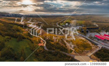 Geothermal Area in Iceland with Hot Springs and Wooden Pathway Geothermal Area in Iceland with Hot Springs and Wooden Pathway 139906880