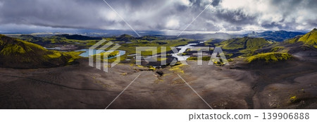 Aerial View of Iceland's Volcanic Landscape with Rivers and Moss Aerial View of Iceland's Volcanic Landscape with Rivers and Moss 139906888