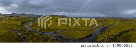 Aerial View of Moss Covered Hills and Rivers in Iceland 139906891