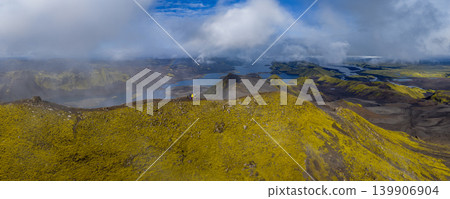 Aerial View of Iceland's Volcanic Ridge with Hikers and Rivers Aerial View of Iceland's Volcanic Ridge with Hikers and Rivers 139906904