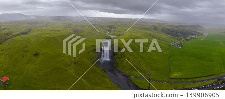 Aerial View of Skogafoss Waterfall and Surrounding Landscape in Iceland Aerial View of Skogafoss Waterfall and Surrounding Landscape in Iceland 139906905