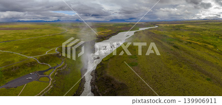 Aerial View of Gullfoss Waterfall Cascading into a Rugged Canyon Aerial View of Gullfoss Waterfall Cascading into a Rugged Canyon 139906911