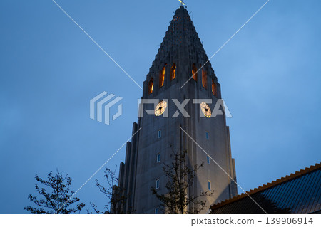 Hallgrimskirkja Church Tower and Facade at Dusk in Reykjavik, Iceland Hallgrimskirkja Church Tower and Facade at Dusk in Reykjavik, Iceland 139906914