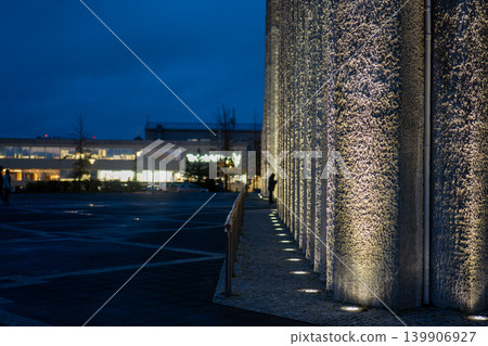 Textured Concrete Wall with Ground Lights in Urban Iceland Setting Textured Concrete Wall with Ground Lights in Urban Iceland Setting 139906927