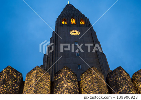 Hallgrimskirkja Church Tower at Twilight in Reykjavik, Iceland 139906928