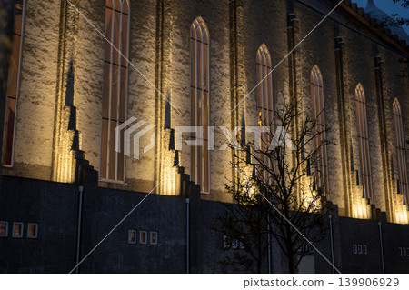 Illuminated Gothic Style Church Facade at Twilight in Iceland 139906929