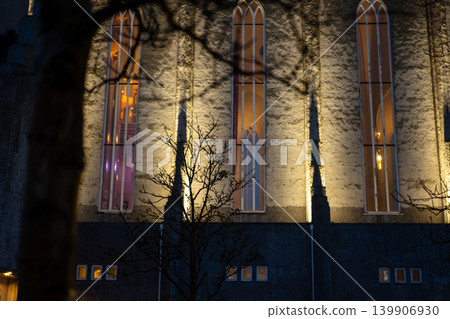 Illuminated Facade of Hallgrimskirkja in Reykjavik, Iceland at Night Illuminated Facade of Hallgrimskirkja in Reykjavik, Iceland at Night 139906930