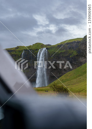 Seljalandsfoss Waterfall Framed by Car Window in Iceland Seljalandsfoss Waterfall Framed by Car Window in Iceland 139906965
