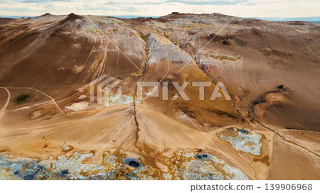 Aerial view of Hverir Namaskard near Lake Myvatn in Iceland Aerial view of Hverir Namaskard near Lake Myvatn in Iceland 139906968