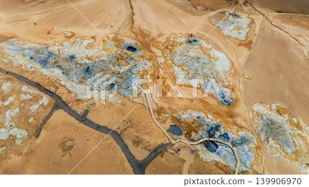 Aerial view of Hverir geothermal field near Namafjall in Iceland Aerial view of Hverir geothermal field near Namafjall in Iceland 139906970