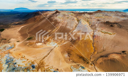 Aerial view of Hverir Namafjall near Lake Myvatn, northern Iceland Aerial view of Hverir Namafjall near Lake Myvatn, northern Iceland 139906971
