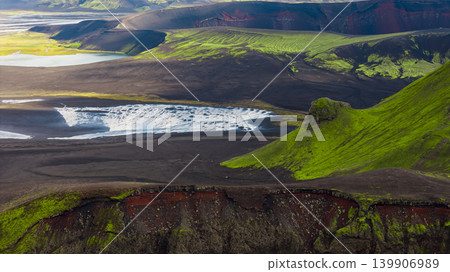 Aerial View of Icelandic Volcanic Landscape with Moss and White Lake Aerial View of Icelandic Volcanic Landscape with Moss and White Lake 139906989