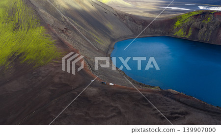 Aerial View of Volcanic Crater Lake and Surrounding Terrain in Iceland Aerial View of Volcanic Crater Lake and Surrounding Terrain in Iceland 139907000