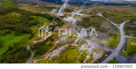 Aerial View of Geothermal Area with Steam Vents in Iceland 139907005