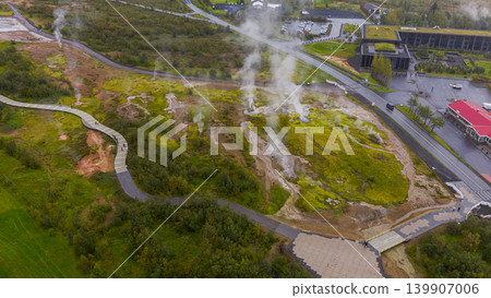 Aerial View of Geothermal Area with Steaming Vents in Iceland 139907006