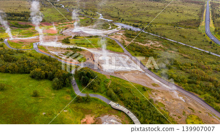 Aerial View of Geothermal Area with Geysers and Hot Springs in Iceland 139907007