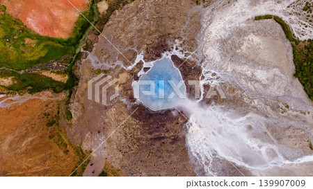 Aerial View of Geothermal Hot Spring with Vibrant Blue Pool in Iceland Aerial View of Geothermal Hot Spring with Vibrant Blue Pool in Iceland 139907009