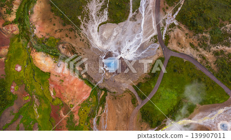 Aerial View of Geothermal Pool and Mineral Deposits in Iceland Aerial View of Geothermal Pool and Mineral Deposits in Iceland 139907011