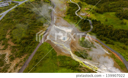 Aerial View of Geothermal Hot Spring and Pathways in Iceland Aerial View of Geothermal Hot Spring and Pathways in Iceland 139907022