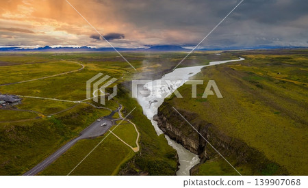 Aerial View of Gullfoss Waterfall and Hvita River in Iceland Aerial View of Gullfoss Waterfall and Hvita River in Iceland 139907068