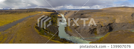 Aerial View of Icelandic Canyon with Turquoise River and Rugged Cliffs Aerial View of Icelandic Canyon with Turquoise River and Rugged Cliffs 139907076