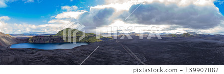 Aerial View of Volcanic Crater Lake and Moss Covered Slopes in Iceland Aerial View of Volcanic Crater Lake and Moss Covered Slopes in Iceland 139907082